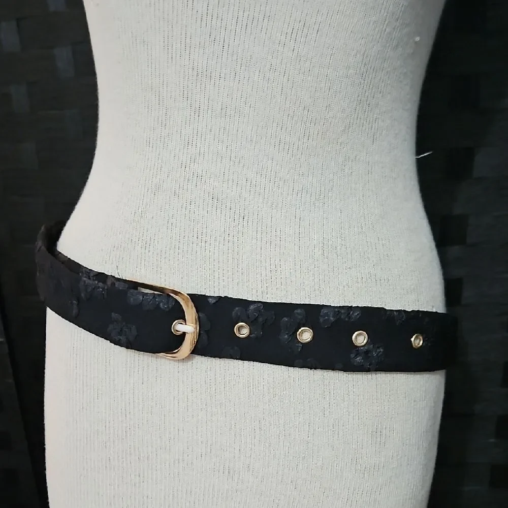 Elegant Black Floral Textured Fabric Belt with Gold Accents